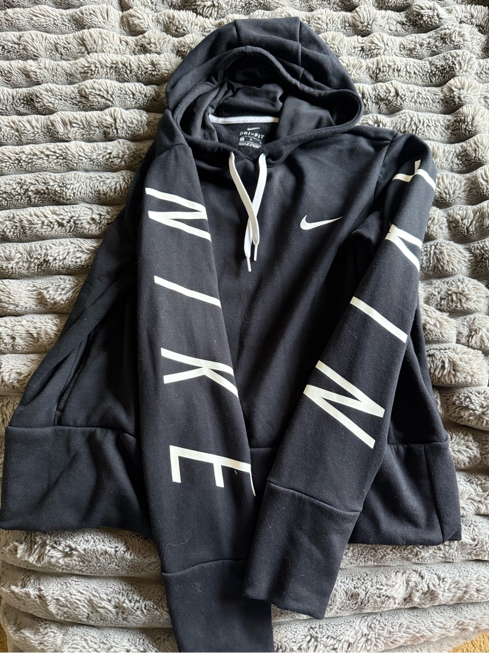 Nike Black Pullover Hoodie with White Swoosh and Sleeve Lettering